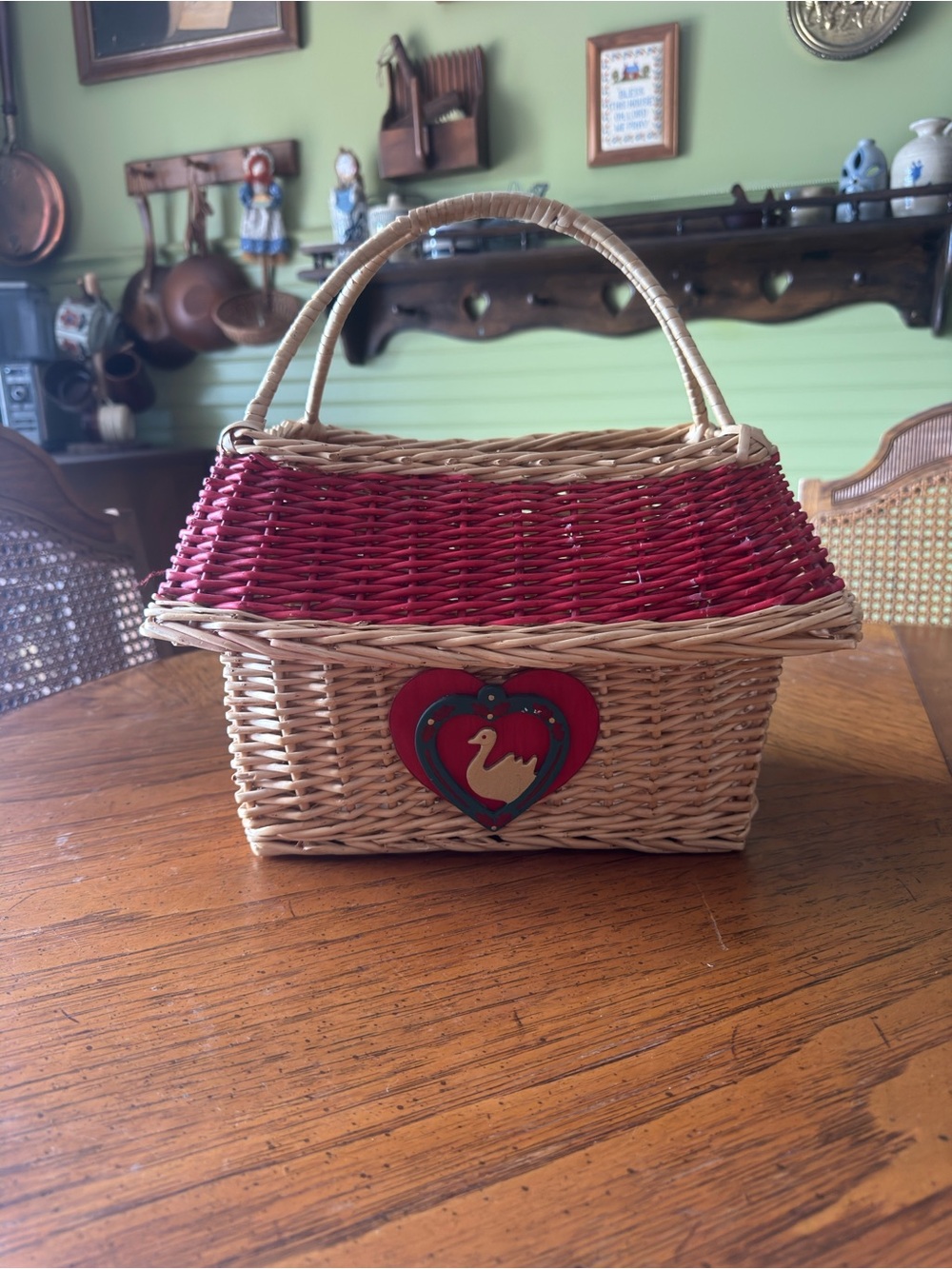 Woven Straw Handbag with Red Accents and Heart Detail
